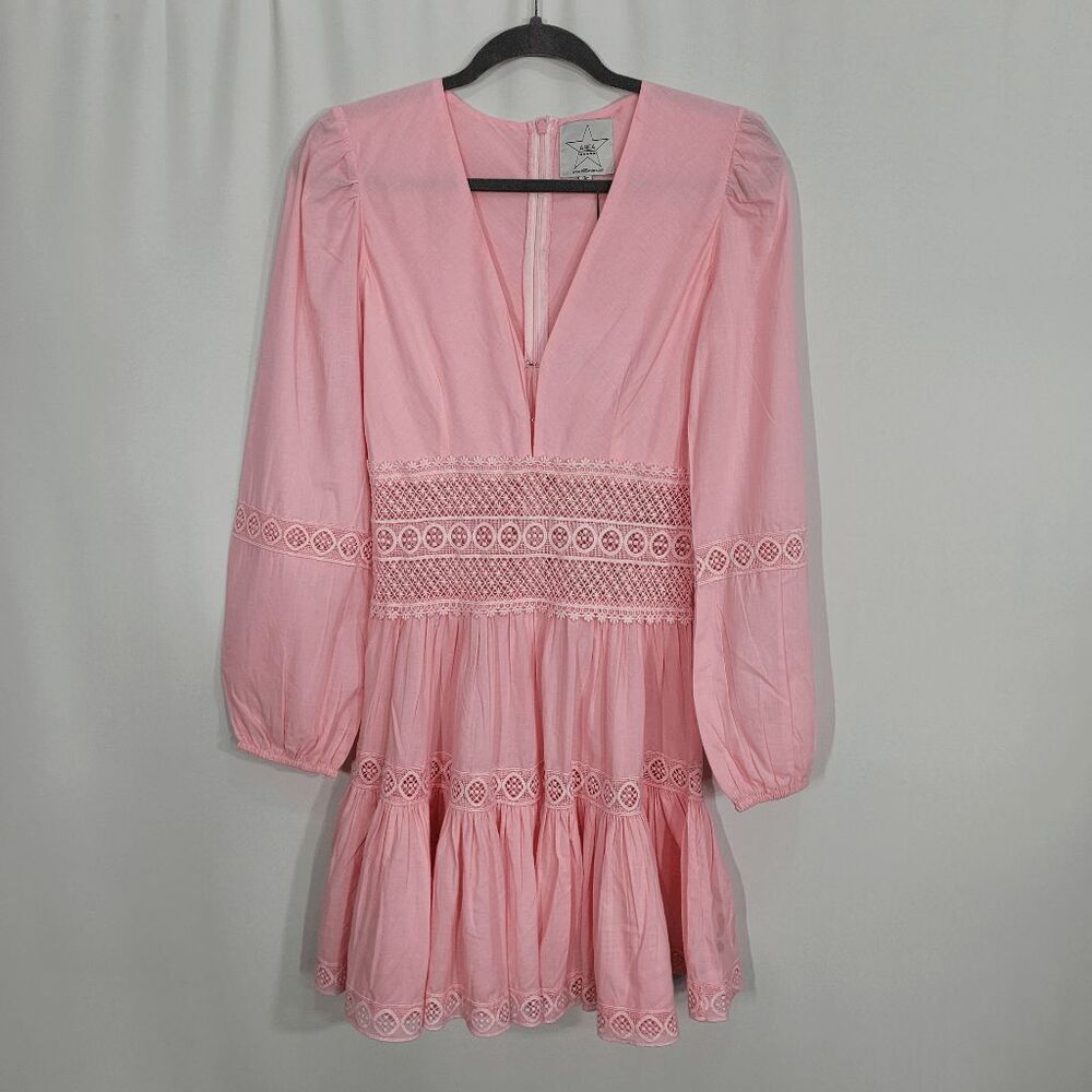 Area Stars Pink Crochet Trim Tiered Long Sleeve Dress XS